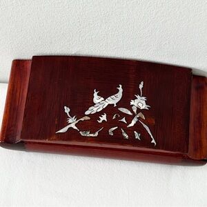 Vintage Korean Lacquered Wood Mother of Pearl Inlay Cigarette Smoking Box Birds